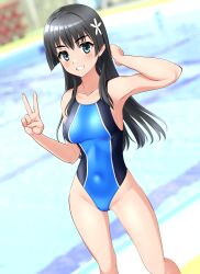 Rule 34 | 1girl, absurdres, aqua one-piece swimsuit, black hair, commentary request, competition swimsuit, covered navel, feet out of frame, flower, green eyes, grin, groin, hair flower, hair ornament, highleg, highleg swimsuit, highres, long hair, one-piece swimsuit, partial commentary, pool, saten ruiko, smile, solo, standing, swimsuit, takafumi, toaru kagaku no railgun, toaru majutsu no index, two-tone swimsuit, v, variant set