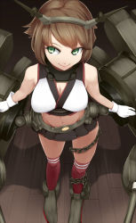 Rule 34 | 10s, 1girl, anchor, bare shoulders, breasts, brown hair, c:, cannon, chain, cleavage, from above, gloves, green eyes, hairband, headgear, kantai collection, kirisaki akihito, large breasts, midriff, miniskirt, mutsu (kancolle), navel, personification, short hair, skirt, solo, thighhighs, turret