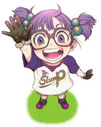 Rule 34 | 1girl, clothes writing, dr. slump, glasses, harumaki, lowres, norimaki arale, purple eyes, purple hair, solo