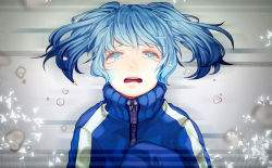 Rule 34 | 1girl, bad id, bad pixiv id, blue eyes, blue hair, blue jacket, collar, collared jacket, crying, crying with eyes open, enomoto takane, jacket, kagerou project, long hair, long sleeves, looking at viewer, nagu, open mouth, solo, tears, teeth, turtleneck, twintails, upper body, upper teeth only, zipper
