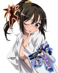 Rule 34 | 10s, 1girl, black eyes, blush, boku wa tomodachi ga sukunai, breasts, brown hair, finger to mouth, glasses, hair ornament, highres, lab coat, long hair, looking at viewer, mecha, naked labcoat, no bra, official art, one eye closed, open clothes, open mouth, open shirt, ponytail, rimless eyewear, robot, scrunchie, shiguma rika, shirt, simple background, smile, solo, underboob, watanabe yoshihiro, white background, wink