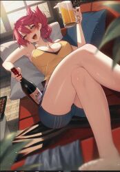 Rule 34 | 1girl, alcohol, barefoot, beer, beer mug, blush, bottle, breasts, cleavage cutout, clothing cutout, cluseller, couch, cup, double-parted bangs, eiyuu densetsu, foot out of frame, hair between eyes, hair bun, holding, holding bottle, holding cup, indoors, knees up, large breasts, legs, looking at viewer, mug, on couch, pillow, pink hair, sara valestein, sen no kiseki, shirt, shorts, sitting, sleeveless, smile, solo, wine bottle, yellow eyes