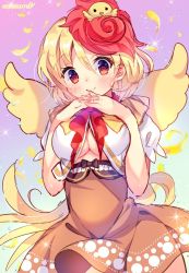 Rule 34 | 1girl, amo (shibu3), animal, animal on head, bird, blonde hair, breasts, chick, cleavage, cowboy shot, feathered wings, hair between eyes, hands on own chest, large breasts, looking at viewer, multicolored hair, niwatari kutaka, on head, open clothes, open shirt, own hands together, puffy short sleeves, puffy sleeves, red eyes, red hair, red neckwear, shirt, short hair, short sleeves, smile, solo, touhou, two-tone hair, underboob, white shirt, wings