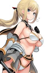 Rule 34 | 1girl, alice gear aegis, armor, bikini armor, black gloves, blonde hair, blue eyes, blush, breasts, cleavage, commentary request, cowboy shot, elbow gloves, gloves, hand up, highres, large breasts, long hair, messy (efuya), navel, ponytail, rita henschel, simple background, solo, sweat, underboob, vambraces, white background