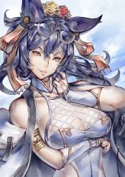 Rule 34 | 1girl, animal ears, armlet, bare shoulders, black hair, blue sky, breasts, bridal gauntlets, cleavage, commentary request, day, erune, eyewear on head, granblue fantasy, hair ribbon, hand up, highres, ilsa34660285, jewelry, large breasts, long hair, looking at viewer, outdoors, parted lips, red eyes, red ribbon, ribbon, ring, semi-rimless eyewear, shimashima (simasima 23), sky, smile, solo, sunglasses, under-rim eyewear, upper body