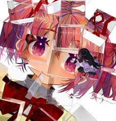 Rule 34 | 2girls, absurdres, akemi homura, argyle, argyle clothes, argyle legwear, black hair, cube, from above, hairband, hand on glass, high heels, highres, kaname madoka, long hair, looking at viewer, looking down, mahou shoujo madoka magica, mihifu, mitakihara school uniform, multicolored hair, multiple girls, pantyhose, perspective, pink eyes, red ribbon, reflection, refraction, ribbon, sailor collar, school uniform, size difference, smile, soul gem, streaked hair, surreal, symbolism, transparent, twintails, very long hair, white background