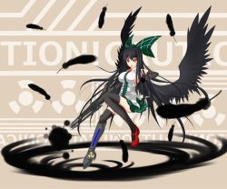 Rule 34 | 1girl, alternate weapon, arm cannon, black hair, black thighhighs, black wings, breasts, caution, elbow gloves, feathers, female focus, gloves, gmot, hair ribbon, highres, large breasts, long hair, radiation symbol, red eyes, reiuji utsuho, ribbon, sideboob, solo, thighhighs, touhou, weapon, wings