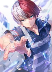 Rule 34 | 10s, 1boy, blue shirt, blurry, boku no hero academia, burn scar, collared shirt, cryokinesis, depth of field, fingernails, foreshortening, green eyes, grey eyes, grey hair, hair between eyes, heterochromia, ice, light particles, looking at viewer, male focus, multicolored hair, outstretched arm, parted lips, popped collar, reaching, reaching towards viewer, red hair, refraction, ryota (ry o ta), scar, scar across eye, scar on face, shirt, short sleeves, solo, todoroki shouto, tsurime, two-tone hair, upper body, white background