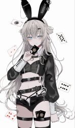 Rule 34 | 1girl, animal ears, belt, black hairband, black jacket, black nails, black shirt, black shorts, blue eyes, card, chiemo (xcem), closed mouth, cowboy shot, crop top, cropped jacket, detached collar, double bun, fake animal ears, grey hair, hair bun, hairband, hand up, highres, holding, holding card, jacket, long hair, long sleeves, looking at viewer, micro shorts, midriff, multiple belts, nail polish, navel, open clothes, open jacket, original, playing card, rabbit ears, shirt, shorts, simple background, smile, solo, standing, stomach, thigh strap, thighs, unzipped, very long hair, white background, zipper