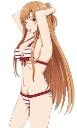 Rule 34 | 1girl, absurdres, armpits, arms behind head, asuna (sao), bikini, braid, breasts, brown eyes, brown hair, cleavage, cowboy shot, ekaki kukuma, french braid, highres, holding, holding hair, large breasts, long hair, mouth hold, rubber band, simple background, solo, striped bikini, striped clothes, swimsuit, sword art online, white background, white bikini