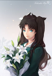 Rule 34 | 1girl, alternate costume, black hair, blue eyes, durame, easter lily, fate/stay night, fate (series), flower, hair ribbon, lily (flower), long hair, ribbon, solo, tohsaka rin, two side up