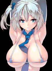 Rule 34 | 1girl, armpits, arms up, between breasts, bikini, blue bikini, blue eyes, blue gloves, blue necktie, blush, breasts, covered erect nipples, elbow gloves, expressionless, gloves, hair bobbles, hair ornament, highres, huge breasts, kouno (masao), large breasts, looking at viewer, micro bikini, necktie, necktie between breasts, original, short hair, side ponytail, silver hair, solo, swimsuit