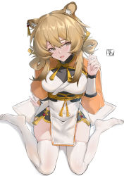 Rule 34 | 1girl, :d, absurdres, animal ear fluff, animal ears, arknights, artist name, blush, breasts, commentary, dress, du yaoye (arknights), ear piercing, fang, green eyes, hair rings, hand up, highres, lack shorts, large breasts, long sleeves, looking at viewer, looking up, neck ribbon, no shoes, obi, open mouth, piercing, puffy long sleeves, puffy sleeves, ribbon, sash, short shorts, shorts, sidelocks, simple background, sitting, skin fang, skindentation, smile, solo, tassel, thighhighs, tierla, tiger ears, wariza, white background, white dress, white thighhighs, yellow ribbon