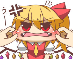 Rule 34 | 1girl, anger vein, blonde hair, cheek pull, chibi, commentary, dress, fangs, feiton, flandre scarlet, hair ribbon, looking at viewer, no headwear, open clothes, open shirt, pov, pov hands, puffy short sleeves, puffy sleeves, red dress, red eyes, ribbon, shirt, short sleeves, side ponytail, touhou, translated, upper body, uu~, wings