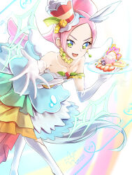Rule 34 | 1girl, blue hairband, butterfly brooch, clear glass (mildmild1311), collarbone, cure parfait, dress, earrings, elbow gloves, food, food-themed hair ornament, fruit, gloves, green eyes, hair ornament, hairband, highres, jewelry, kirahoshi ciel, kirakira precure a la mode, long hair, looking at viewer, magical girl, multicolored background, open mouth, orange (fruit), orange slice, parfait, pink hair, pom pom (clothes), pom pom earrings, precure, rainbow order, smile, solo, sparkle, tray, white gloves, white wings, wide ponytail, wings