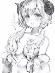 Rule 34 | 1girl, :p, animal ears, bare shoulders, blush, breasts, collarbone, dot nose, greyscale, hair censor, hair ornament, hair over breasts, highres, hololive, horns, japanese text, long hair, looking at viewer, low twintails, medium breasts, monochrome, nanashi (nlo), navel, nude, sheep ears, sheep horns, sidelocks, simple background, solo, tongue, tongue out, tsunomaki watame, tsunomaki watame (loungewear), twintails, virtual youtuber, white background