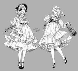 Rule 34 | 2girls, :d, bonnet, bow, braid, braided hair rings, closed eyes, covering own mouth, dated, dress, footwear bow, frills, full body, greyscale, hair bow, hair ornament, hair ribbon, hair stick, hanbok, hand over own mouth, hand up, hands up, hat, hat bow, high heels, holding, holding lantern, horns, korean clothes, korean commentary, korean text, lantern, lemon89h, long sleeves, looking at viewer, low ponytail, mob cap, monochrome, multiple girls, o-ring, open mouth, original, outstretched arm, own hands together, pajamas, ponytail, puffy long sleeves, puffy sleeves, ribbon, side braid, simple background, smile, standing, striped, w arms, yawning