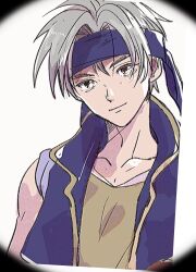 Rule 34 | 1boy, blue headband, blue vest, brown shirt, closed mouth, collarbone, final fantasy, final fantasy vi, grey eyes, grey hair, hair between eyes, happy birthday, headband, highres, light smile, locke cole, looking at viewer, male focus, motsutei, parted bangs, shirt, short hair, solo, upper body, vest, vignetting, white background