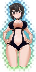 Rule 34 | 1girl, absurdres, black hair, black one-piece swimsuit, blush, breasts, brown eyes, cleavage, closed mouth, girls und panzer, gogopaint, highres, kawashima momo, large breasts, looking at viewer, monocle, navel, one-piece swimsuit, short hair, smile, solo, swimsuit