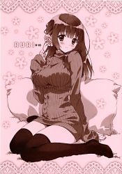 Rule 34 | 1girl, absurdres, aran sweater, blush, breasts, cable knit, carnelian, dress, female focus, flower, hair flower, hair ornament, highres, large breasts, long hair, monochrome, no shoes, original, pillow, ribbed sweater, ruri (carnelian), rurika (carnelian), sitting, smile, solo, sweater, sweater dress, thighhighs, turtleneck, wariza