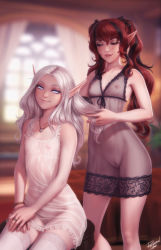Rule 34 | 2girls, artist name, bare arms, bare shoulders, black hair, blue eyes, blurry, blurry background, borrowed character, bracelet, breasts, brown hair, cleft of venus, flat chest, fleur (personal ami), freckles, half-closed eyes, highres, indoors, jewelry, long hair, mole, mole on breast, mole under mouth, multicolored hair, multiple girls, navel, necklace, nipples, no panties, original, parted lips, personal ami, pointy ears, pussy, red hair, ring, see-through, sitting, small breasts, smile, standing, streaked hair, thighhighs, twintails, uncensored, white hair, white legwear