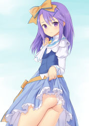 Rule 34 | 1girl, ass, blue background, blue skirt, blush, bow, closed mouth, clothes lift, from behind, from below, hair bow, hair ornament, hairclip, highres, lifting own clothes, long hair, long sleeves, looking at viewer, looking back, n.g., panties, panty peek, puffy sleeves, purple eyes, purple hair, rune factory, rune factory 3, shirt, simple background, skirt, skirt lift, smile, sofia jalapeno viviage, solo, underwear, vest, wedgie, white panties, white shirt