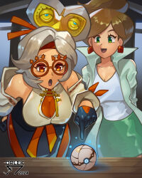 Rule 34 | absurdres, aurea juniper, breasts, brown hair, cleavage, company connection, creatures (company), crossover, game freak, glasses, gloves, glowing, headband, highres, lab coat, large breasts, nintendo, open mouth, orlek, pointing, poke ball, pokemon, pokemon bw, purah, table, the legend of zelda, the legend of zelda: tears of the kingdom, trait connection, updo