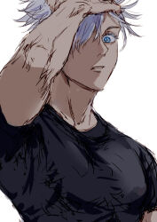Rule 34 | 1boy, black shirt, blue eyes, colored eyelashes, commentary request, gojou satoru, hand in own hair, jujutsu kaisen, looking at viewer, male focus, nori20170709, parted lips, shirt, short hair, short sleeves, simple background, solo, upper body, white background, white hair