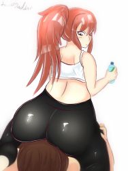 Rule 34 | 1boy, 1girl, ass, bare shoulders, black hair, blush, bow, breasts, crop top, doki doki literature club, from behind, green eyes, hair bow, highres, huge ass, leggings, lewddoodler, long hair, looking back, looking down, monika (doki doki literature club), orange hair, ponytail, protagonist (doki doki literature club), shiny clothes, shiny skin, shirt, sideboob, simple background, sitting, sitting on face, sitting on person, sleeveless, sleeveless shirt, spaghetti strap, very long hair, white background, white bow, white shirt