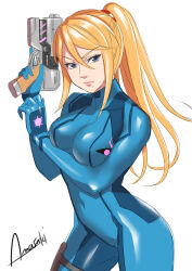 1girl arm_under_breasts blonde_hair blue_bodysuit blue_eyes bodysuit breasts clenched_hands collarbone covered_navel energy_gun eyelashes female_focus gun hair_between_eyes hands_up high_ponytail highres holding holding_gun holding_weapon holster large_breasts lips long_hair looking_at_viewer metroid mole mole_under_mouth neck nintendo paralyzer ponytail print_bodysuit samus_aran serious sidelocks signature simple_background skin_tight standing swept_bangs thigh_holster thighs turtleneck turtleneck_bodysuit v-shaped_eyebrows weapon white_background zero_suit