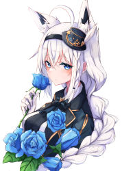 Rule 34 | 1girl, absurdres, ahoge, animal ear fluff, animal ears, ascot, blue eyes, blue flower, blue jacket, blue rose, braid, braided ponytail, breasts, commentary request, earrings, flower, fox ears, fox girl, gloves, hair between eyes, hairband, hat, highres, holding, holding flower, hololive, inre kemomimi, jacket, jewelry, long hair, looking at viewer, medium breasts, mini hat, rose, shirakami fubuki, shirakami fubuki (aristocrat kei), sidelocks, simple background, single braid, solo, virtual youtuber, white background, white gloves, white hair