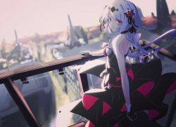 Rule 34 | 1girl, artist name, bare shoulders, black dress, black gloves, blurry, blurry background, building, city lights, cityscape, cyue, dress, flower, gloves, hair flower, hair ornament, highres, honkai (series), honkai impact 3rd, looking at viewer, looking back, open mouth, outdoors, painttool sai (medium), red eyes, red flower, red rose, rose, sky, solo, strapless, strapless dress, sunrise, theresa apocalypse, theresa apocalypse (luna kindred), twintails, white hair