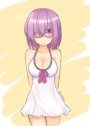 Rule 34 | 1girl, artist name, blush, breasts, cleavage, collarbone, fate/grand order, fate (series), glasses, hair over one eye, highres, large breasts, looking at viewer, mash kyrielight, mash kyrielight (swimsuit of perpetual summer), nan0teck, official alternate costume, purple eyes, purple hair, smile, solo, twitter username