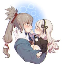 Rule 34 | 1girl, aged down, carrying, corrin (female) (fire emblem), corrin (fire emblem), dress, fire emblem, fire emblem fates, grey hair, hairband, long hair, nintendo, pointy ears, ponytail, simple background, smile, takumi (fire emblem), white background, white hair, zuizi