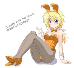 Rule 34 | 10s, 1girl, animal ears, blonde hair, bow, bowtie, charlotte dunois, detached collar, fake animal ears, grey eyes, hard-translated, high heels, infinite stratos, long hair, masakichi (crossroad), pantyhose, playboy bunny, ponytail, rabbit ears, solo, third-party edit, translated, twintails, wrist cuffs