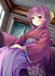 Rule 34 | 10s, 1girl, bow, commentary request, couch, curtains, floral print, hair bow, hair ribbon, hakama, hakama skirt, half updo, indoors, japanese clothes, kamikaze (kancolle), kantai collection, kimono, long hair, long sleeves, looking at viewer, meiji schoolgirl uniform, on couch, pink hakama, purple eyes, purple hair, ribbon, sitting, skirt, solo, wide sleeves, window, yellow ribbon, yumibakama meme