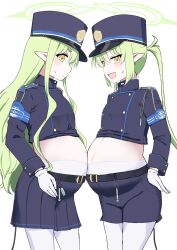 Rule 34 | 2girls, armband, belly-to-belly, blue archive, blue armband, commentary request, demon tail, gloves, green hair, halo, hat, hikari (blue archive), nozomi (blue archive), highres, hikari (blue archive), jacket, kokoneri, long hair, looking at viewer, multiple girls, multiple others, nozomi (blue archive), open mouth, pantyhose, peaked cap, pointy ears, ponytail, pregnant, shorts, sidelocks, simple background, skirt, smile, sweatdrop, tail, train conductor, white background, white gloves, white pantyhose