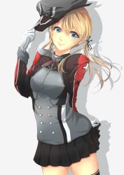 Rule 34 | 10s, 1girl, aqua eyes, arm behind back, black thighhighs, blonde hair, blue eyes, breasts, cowboy shot, endou (zettai bluenoid), endouvocalotyu, gloves, grey background, hair ribbon, hand to hat, hat, highres, kantai collection, long sleeves, looking at viewer, military, military uniform, miniskirt, peaked cap, pleated skirt, prinz eugen (kancolle), removing hat, ribbon, shadow, simple background, skirt, smile, solo, thighhighs, tress ribbon, twintails, uniform, white gloves