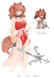 Rule 34 | 1girl, absurdres, angelina (arknights), angelina (summer flower) (arknights), animal ears, arknights, bare legs, bare shoulders, black choker, breasts, brown hair, character name, chibi, choker, dated, fox ears, hair ribbon, highres, holding, holding staff, infection monitor (arknights), khrnnfz, long hair, multiple views, official alternate costume, one-piece swimsuit, red eyes, red one-piece swimsuit, red ribbon, ribbon, simple background, small breasts, smile, spaghetti strap, staff, standing, swimsuit, swimsuit cover-up, thigh strap, thighs, twintails, white background