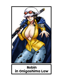 Rule 34 | 1girl, black hair, blue eyes, breasts, cape, cleavage, cosplay, glasses, hat, iury padilha, large breasts, long hair, nico robin, one piece, open clothes, open shirt, shirt, sunglasses, sword, thighs, trafalgar law, trafalgar law (cosplay), weapon, wide hips, yellow shirt