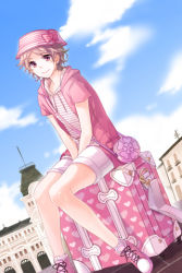 Rule 34 | 1girl, aile (crossroads), bag, bow, female focus, flat chest, handbag, hat, hood, hooded jacket, jacket, lowres, outdoors, pink eyes, pink hair, shoes, short hair, shorts, sitting, sky, smile, solo, suitcase, sword girls