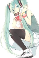 Rule 34 | 1girl, bad id, bad pixiv id, bracelet, cellphone, chocolate, converse, green eyes, green hair, hatsune miku, headphones, iphone, jewelry, long hair, matching hair/eyes, phone, prin dog, shoes, skirt, smartphone, sneakers, solo, thighhighs, twintails, very long hair, vocaloid, white background