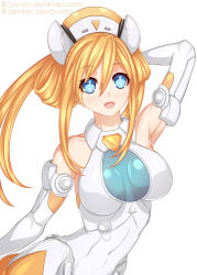 Rule 34 | 1girl, :d, arm behind head, arm up, armpits, bare shoulders, blue eyes, breasts, covered navel, elbow gloves, gloves, hair between eyes, hat, hip focus, jyu ichi, leaning forward, leotard, long hair, looking at viewer, medium breasts, neptune (series), open mouth, orange hair, orange heart (neptunia), power symbol, power symbol-shaped pupils, shin jigen game neptune vii, simple background, skin tight, smile, solo, symbol-shaped pupils, twintails, upper body, white background