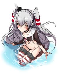 Rule 34 | 10s, 1girl, amatsukaze (kancolle), black panties, blush, brown eyes, choker, dress, garter straps, hair tubes, highres, kantai collection, long hair, looking at viewer, nyunyuland (newtype), one-hour drawing challenge, panties, partially submerged, red thighhighs, sailor collar, sailor dress, short dress, silver hair, snowball22, solo, thighhighs, torn clothes, twitter username, two side up, underwear