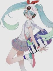 Rule 34 | 1girl, bag, blue eyes, blue hair, bracelet, chinese commentary, commentary, creatures (company), game freak, gradient hair, green hair, hair through headwear, hat, hatsune miku, headphones, highres, jewelry, long hair, looking at viewer, looking back, multicolored hair, nintendo, open mouth, plaid, plaid skirt, pokemon, project voltage, psychic miku (project voltage), shoes, short sleeves, skirt, smile, sneakers, socks, solo, standing, standing on one leg, sushisushi iiii, twintails, very long hair, vocaloid