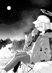 Rule 34 | 1girl, baseball cap, blue archive, campfire, chair, cooler, cup, drinking, feet out of frame, folding chair, from side, full moon, greyscale, halo, hare (blue archive), hare (camp) (blue archive), hariyaa, hat, highres, holding, holding cup, jacket, kettle, monochrome, moon, mountainous horizon, night, night sky, on chair, open clothes, open jacket, pantyhose, scarf, shirt, short hair, sidelocks, sitting, sky, solo