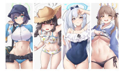 Rule 34 | 4girls, absurdres, bikini, blue archive, blue hoodie, border, braid, breasts, bucket hat, collarbone, column lineup, covered navel, cropped hoodie, flat chest, frilled one-piece swimsuit, frills, grey background, halo, hat, highres, hood, hoodie, large breasts, miyako (swimsuit) (blue archive), miyu (swimsuit) (blue archive), moe (swimsuit) (blue archive), multiple girls, navel, official alternate costume, one-piece swimsuit, ponytail, print bikini, rabbit platoon (blue archive), rash guard, saki (swimsuit) (blue archive), simple background, stomach, straw hat, swimsuit, twin braids, twintails, van.elv, white border