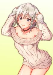Rule 34 | 10s, 1girl, absurdres, anastasia (idolmaster), arched back, arms up, bare shoulders, beige sweater, blue eyes, blush, breasts, choker, collarbone, commentary request, eyelashes, gradient background, hair between eyes, heart pendant, highres, hip focus, holding, holding own hair, idolmaster, idolmaster cinderella girls, keffiy, looking at viewer, off shoulder, open mouth, ribbed sweater, short hair, short twintails, silver hair, small breasts, smile, solo, sweater, thighs, twintails, yellow background