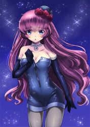 Rule 34 | 1girl, black gloves, blue dress, blue eyes, breasts, cleavage, collar, dress, elbow gloves, flower, gloves, grey pantyhose, hair flower, hair ornament, hikari no, jewelry, long hair, looking at viewer, megurine luka, necklace, pantyhose, purple hair, red flower, solo, strapless, strapless dress, vocaloid, zipper