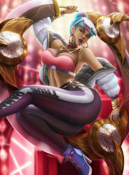 Rule 34 | 1girl, ass, billygrilly, bracelet, breasts, cleavage, dark-skinned female, dark skin, earrings, highres, huge ass, jewelry, large breasts, league of legends, looking at viewer, medium breasts, midriff, multicolored hair, qiyana (league of legends), ring, solo, tight clothes, watermark, web address